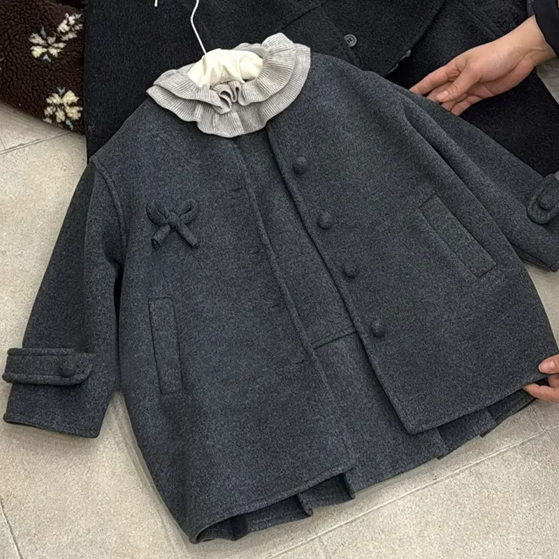 女童秋冬2025新款日系加厚毛呢外套花边领打底衫加绒背心裙子冬装