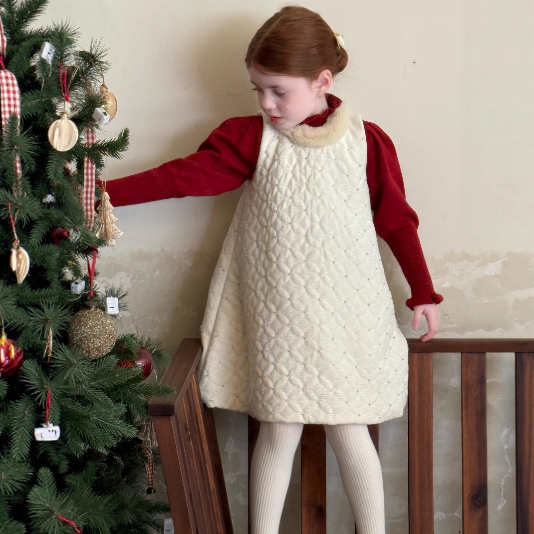 橙乐25冬季女童夹棉丝绒钉珠连衣裙 女童真兔毛围脖加厚圣诞裙子