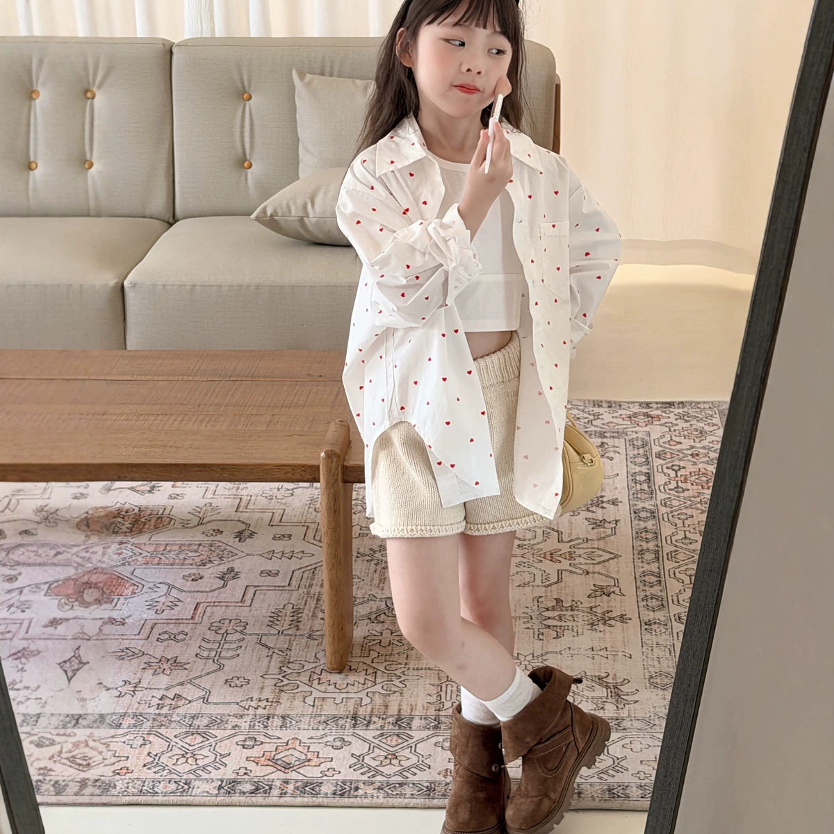 韩系秋装 女童秋季新款韩版红色爱心衬衣开衫 女宝宝廓形衬衫外套