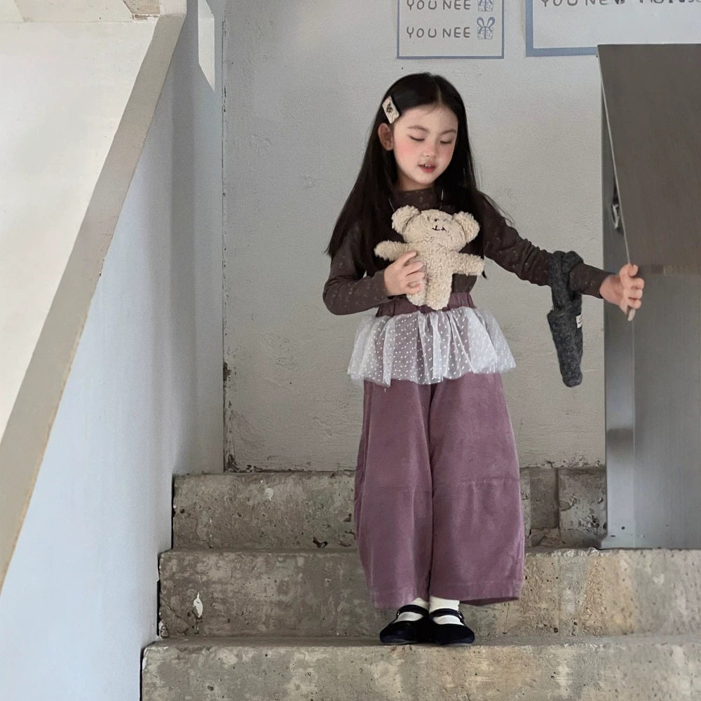 女童裤子2026秋季新款女宝韩系温柔气质穿搭超好看紫色条绒屁帘裤