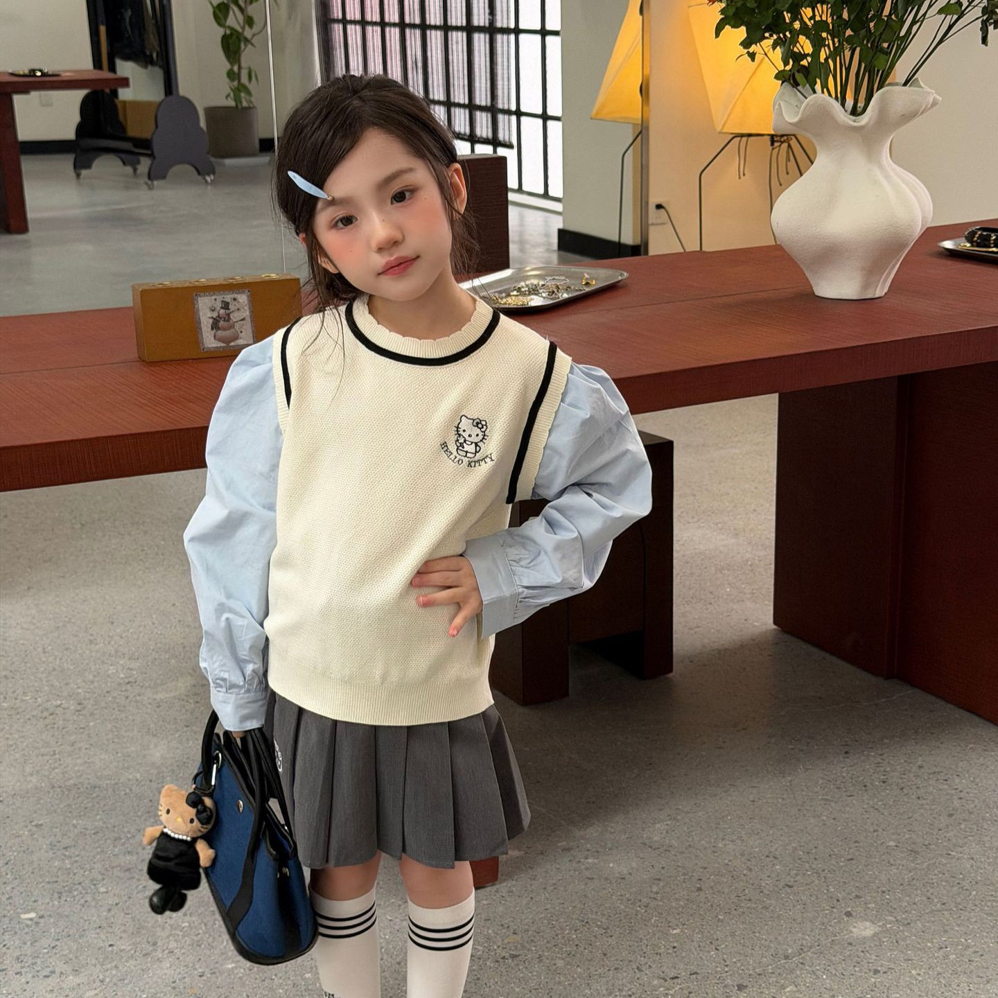 韩系女童2026秋季新款毛衣针织衫儿童韩版衬衫袖上衣假两件外套潮