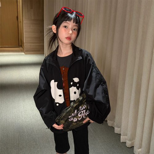 韩系秋女童2026秋款韩版卡通三道杠外套宽松运动风拉链夹克上衣潮
