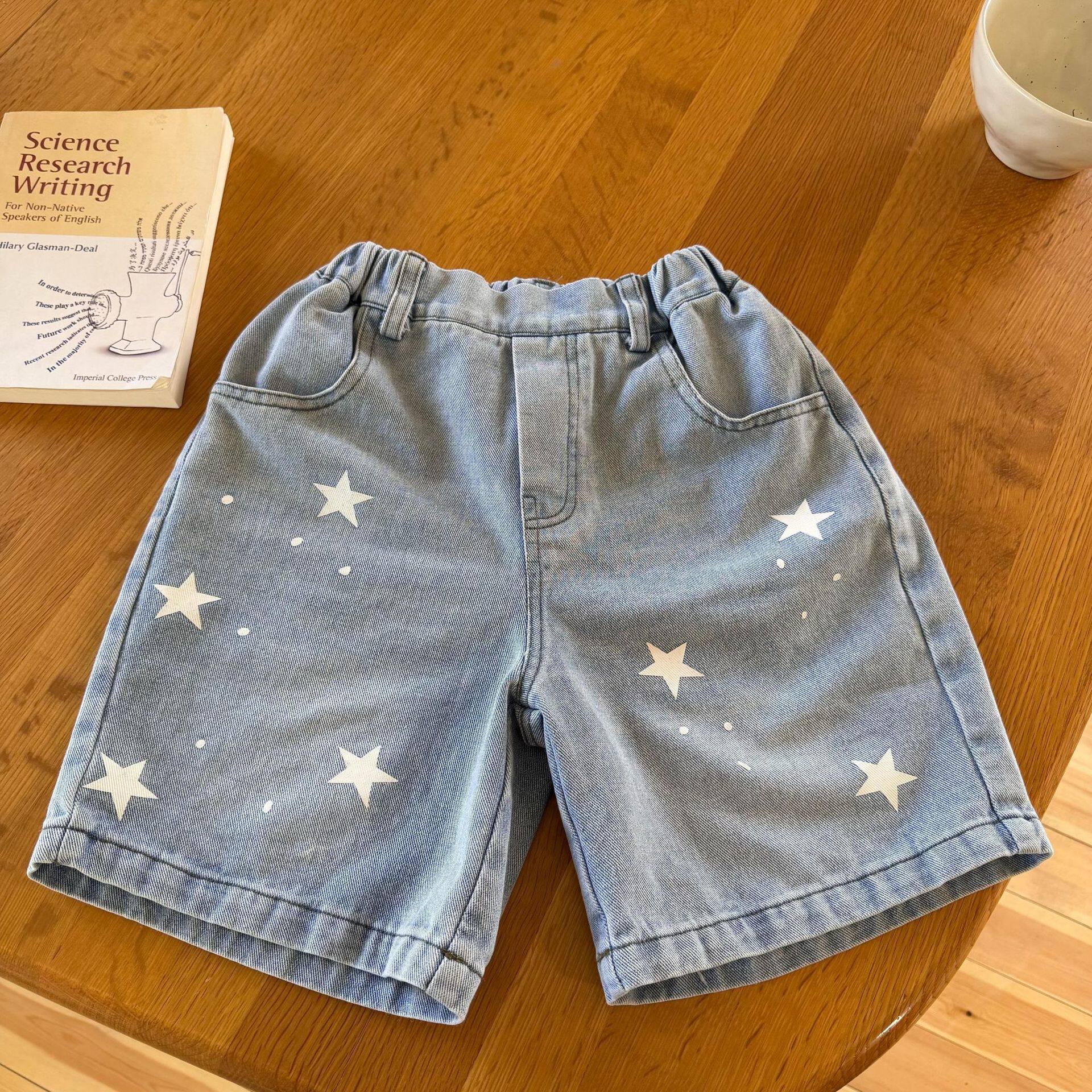 星星印花直筒牛仔裤女童2026夏款儿童高腰宽松显瘦阔腿五分中裤子