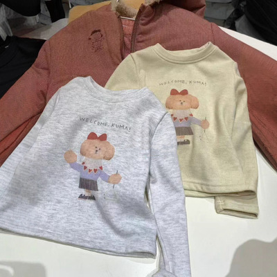 2025冬装新款男女童卡通一体绒长袖打底衫儿童印花圆领加厚T恤韩
