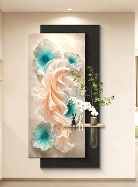 吉祥锦鲤荷花玄关装饰画现代高档轻奢带灯客厅玄关挂画立体艺术画