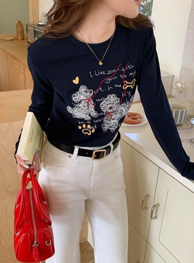 Chic Studio 韩系减龄线条小狗印花圆领长袖T恤