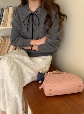 Chic Studio 早春新款 羊毛兔毛混纺蕾丝系带针织开衫