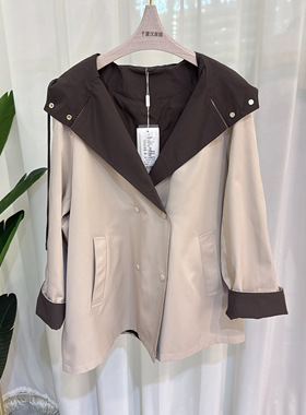 25Q353时尚风衣女长袖连帽外套撞色宽松休闲百搭2025秋季专柜正品