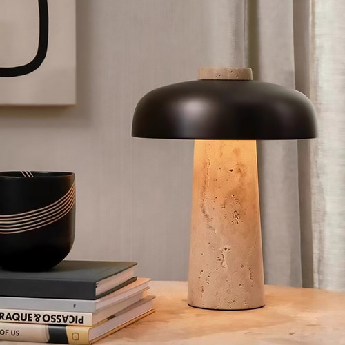 北欧黄洞石蘑菇灯复古台灯客厅卧室设计师中古充电台灯床头灯夜灯