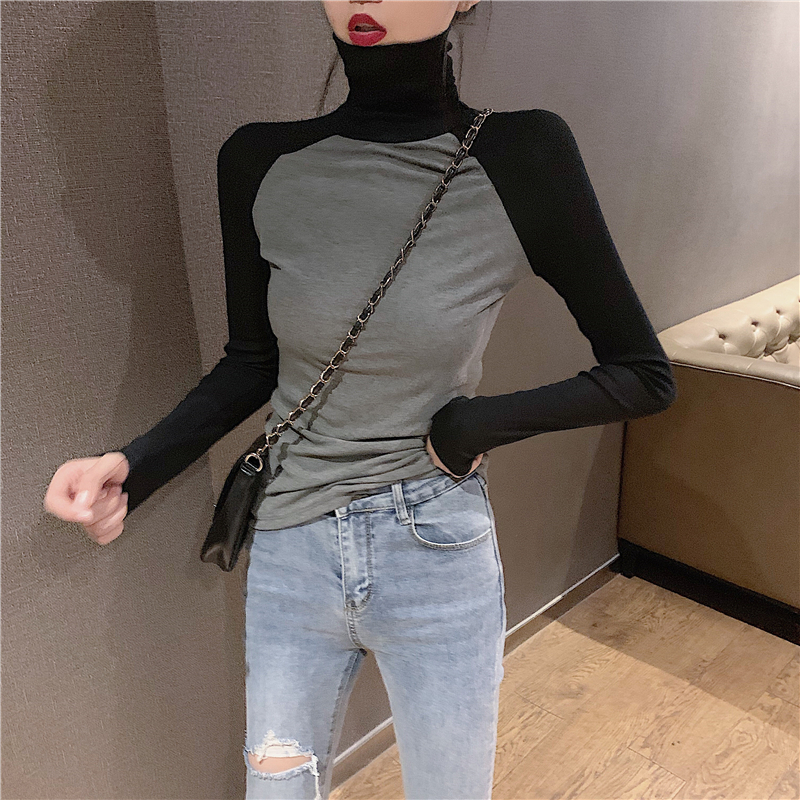 Real price fall thin contrast high collar long sleeve bottoming shirt western style slim T-Shirt Top