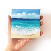 迷你小油画桌面摆件大海风景沙滩海浪帆船圆形原创手绘小众文艺