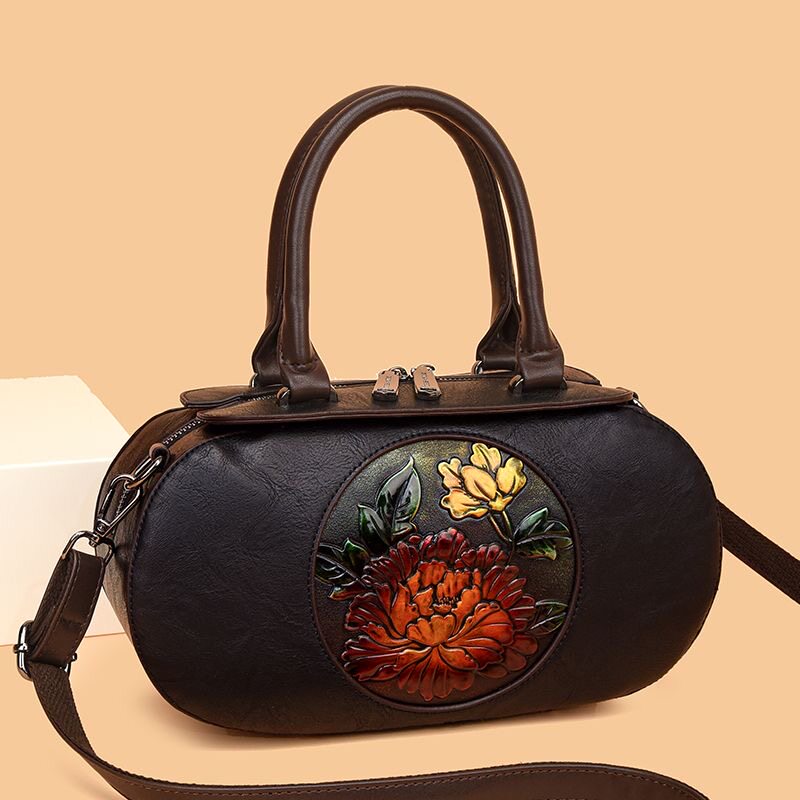 品牌浮雕彩绘中国风复古手提包女2025新款中年女士妈妈单肩斜挎包