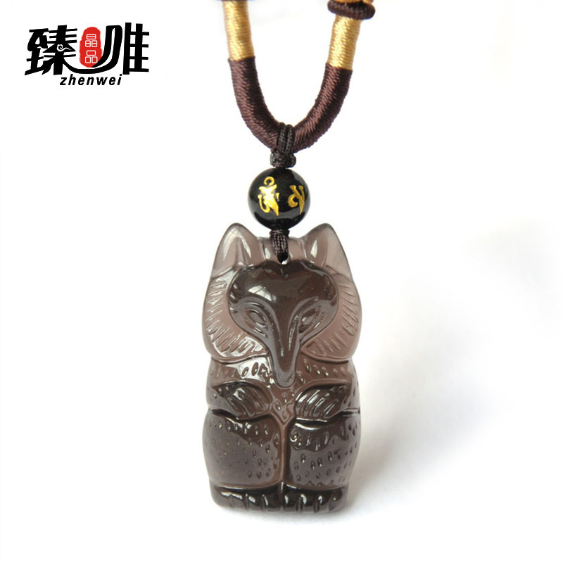 臻唯冰种炫彩老料 天然冰种黑曜石狐狸吊坠 玉面狐狸 男女