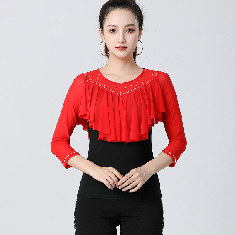新款舞蹈服女长袖网纱演出服三步踩交谊舞跳舞衣夏红色广场舞服装