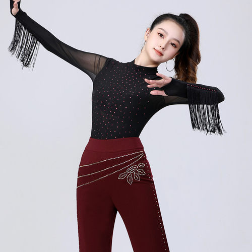 镶钻网纱舞蹈服女长袖流苏吉特巴演出服伦巴舞服广场舞上衣三步踩