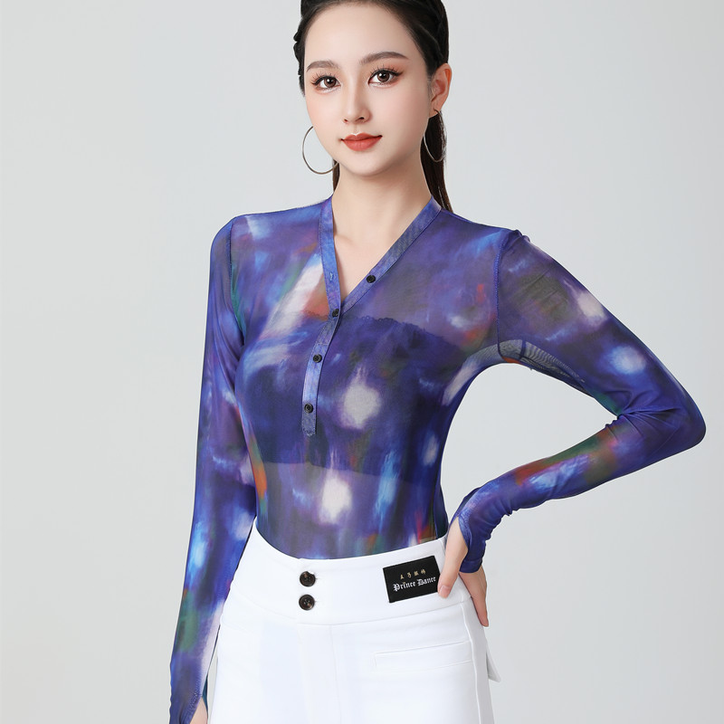 连裆印花网纱舞蹈服透气广场舞服三步踩上衣女交谊舞长袖新款夏季