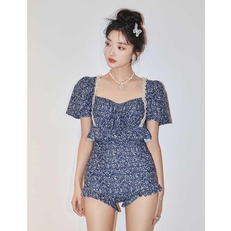 萱调小碎花连体三角泳衣