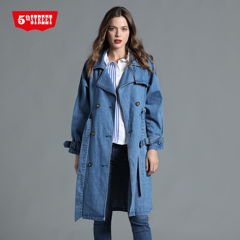 第五街长款韩版宽松牛仔收腰风衣