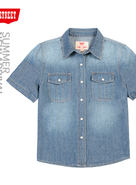 第五街5th street夏季新款女装时尚显瘦短袖牛仔衬衫340848-242