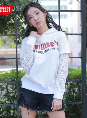 第五街春夏新款韩版休闲显瘦女装蕾丝拼接连帽卫衣060502-203A0