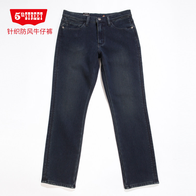 第五街冬男加绒针织防风保暖小直筒弹力休闲牛仔裤114593-194M0