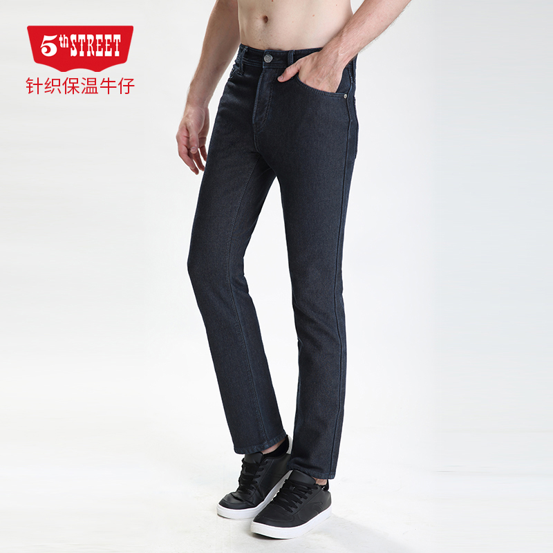 第五街男装针织防风中直筒加绒加厚保温弹力牛仔裤214533-214M0