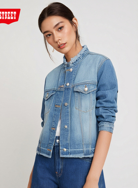 第五街5th street女装甜美百搭短款毛边牛仔夹克外套350682-221