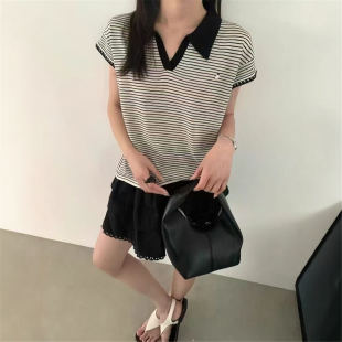 显瘦polo衫 韩系翻领条纹冰丝针织衫 套头修身 t恤女士夏季 上衣 短袖