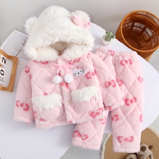 女孩子保暖法兰绒睡衣女童冬季三层夹棉加厚保暖家居服套装可外穿