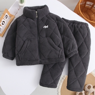 三层夹棉外穿睡衣休闲亲子款 冬季 儿童珊瑚绒加厚保暖家居服套装