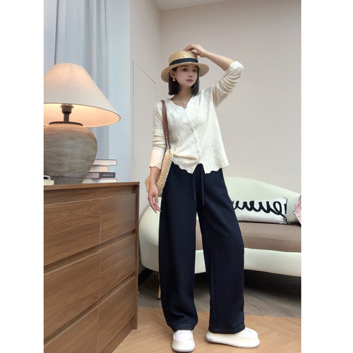 【免洗牛仔裤】春薄款分割线香蕉阔腿牛仔裤高腰遮胯休闲弯刀裤