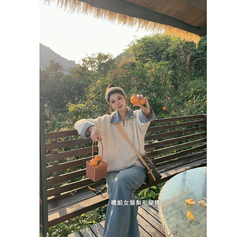 【牛仔交界】韩系百搭时尚拼接牛仔领撞色加厚保暖开衫外套女冬