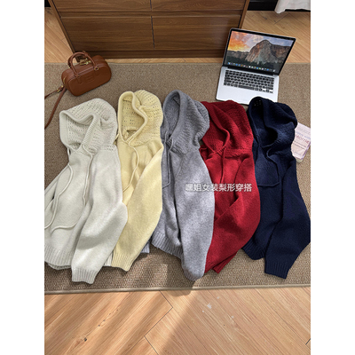 首尔日记】韩版镂空连帽插肩袖套头毛衣早春慵懒风休闲百搭针织衫