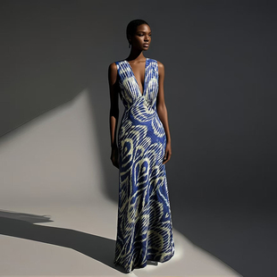 cicidream 非遗工艺 手织布 蓝青白花短袖 修身连衣裙纯棉手纺线