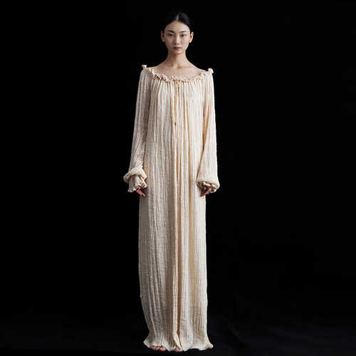 cicidream肌理棉长袖长袍连衣裙