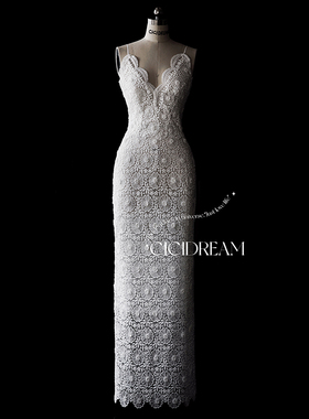 cicidream 白玉骨 设计师全手缝 白色吊带蕾丝V领轻礼服连衣长裙