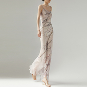 cicidream 烟灰粉艺术彩绘真丝吊带长款 优雅连衣裙