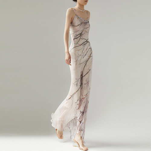 cicidream烟灰粉艺术彩绘连衣裙