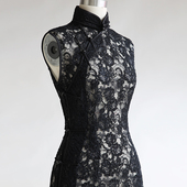 全手缝 cicidream 黑蕾丝 古董 旗袍连衣裙 欧洲老货
