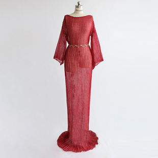 cicidream 希腊风超轻细麻纯复古红长袖长款连衣裙