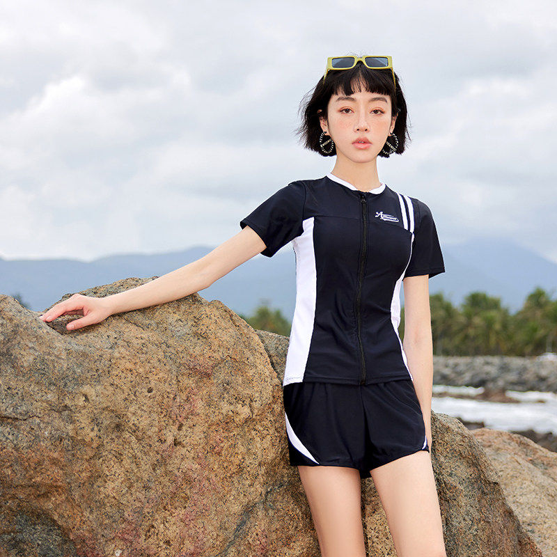 分体大码泳衣女胖mm200斤开衫平角速干游泳馆专用微胖双层裤运动