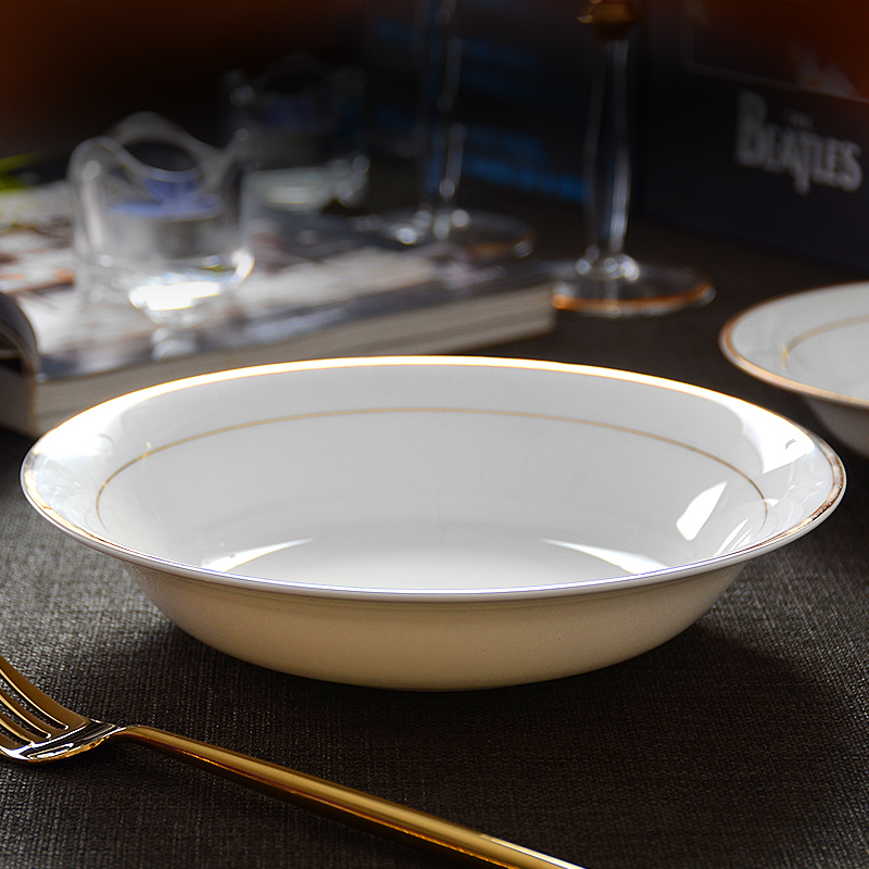 金边盘子欧式8英寸意面盘骨瓷盘子家用白色汤盘西式饭盘菜盘碟子-封面