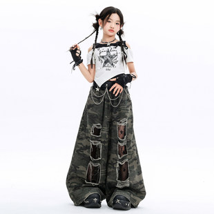 爵士跳舞kpop穿搭女童jazz舞蹈服白色露肩上衣短袖破洞裤子演出服