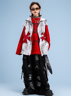 locking街舞服装嘻哈风炸街男童儿童潮服嘻哈元旦演出服红色女童