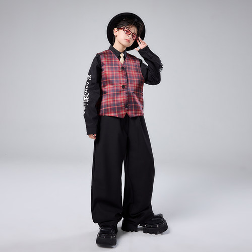 男童嘻哈街舞演出格子马甲套装