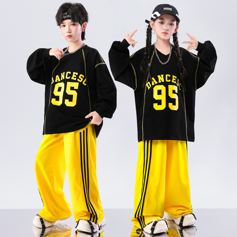儿童舞蹈表演服男童小学生运动会女童爵士舞街舞服演出秋黑色上衣