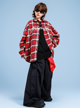 男童红色格子衬衫街舞演出服嘻哈潮服儿童宽松现代舞酷帅炸街服装