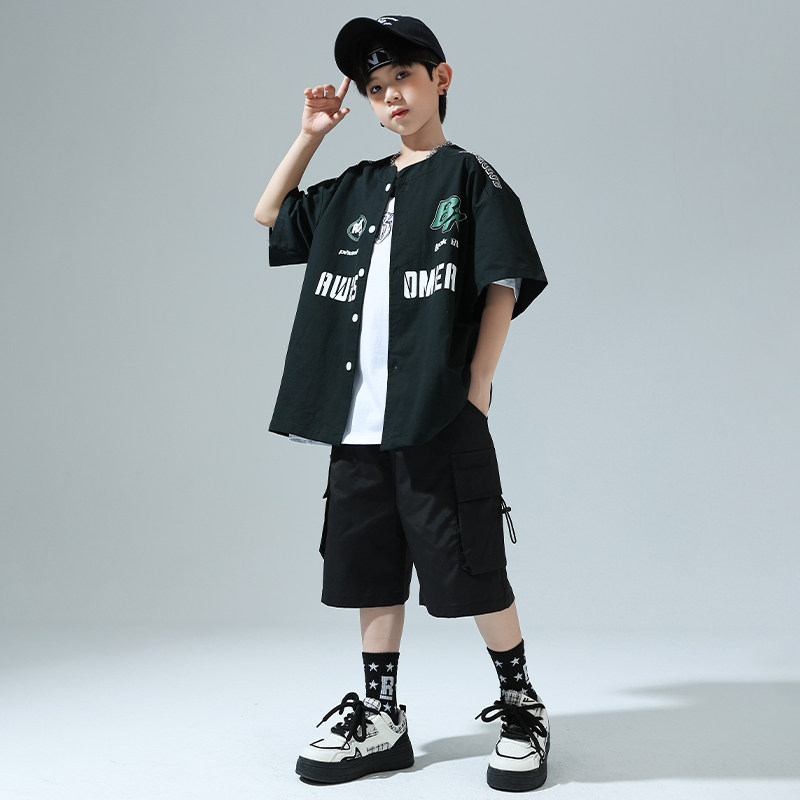 儿童街舞演出服男童工装短裤摇滚现代舞短袖上衣套装架子鼓女童夏