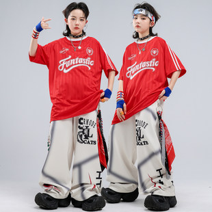 街舞服装儿童hiphop酷帅穿搭男童红色上衣运动帅气白色裤子演出服
