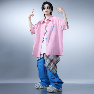 街舞儿童潮服女童多巴胺穿搭hiphop演出服夏嘻哈粉色衬衫短袖男童